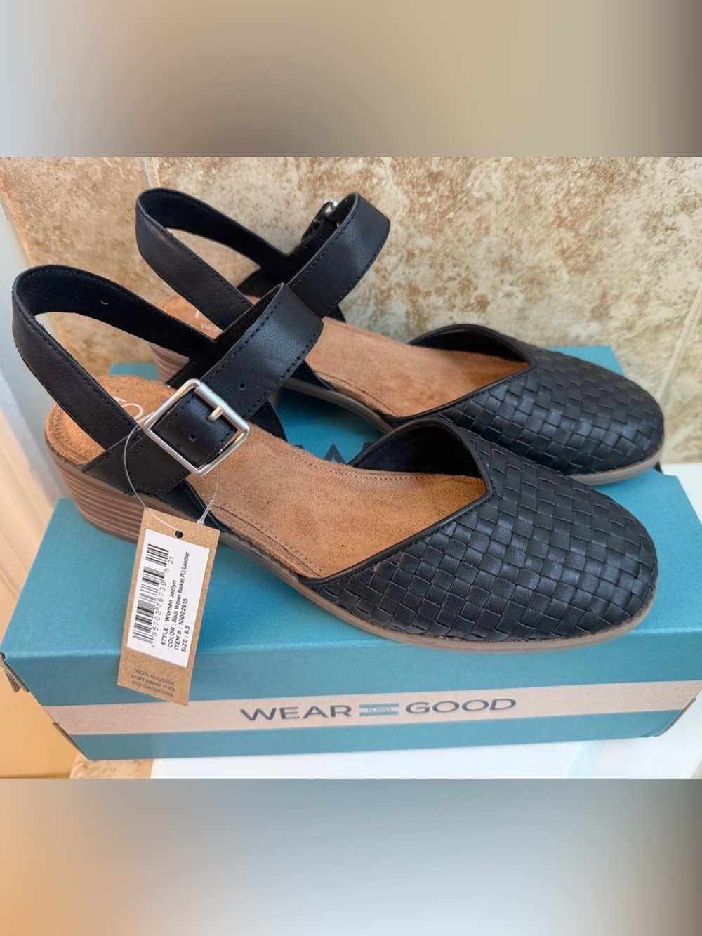 Toms Jaclyn Black Woven Leather Flats with Buckle Strap